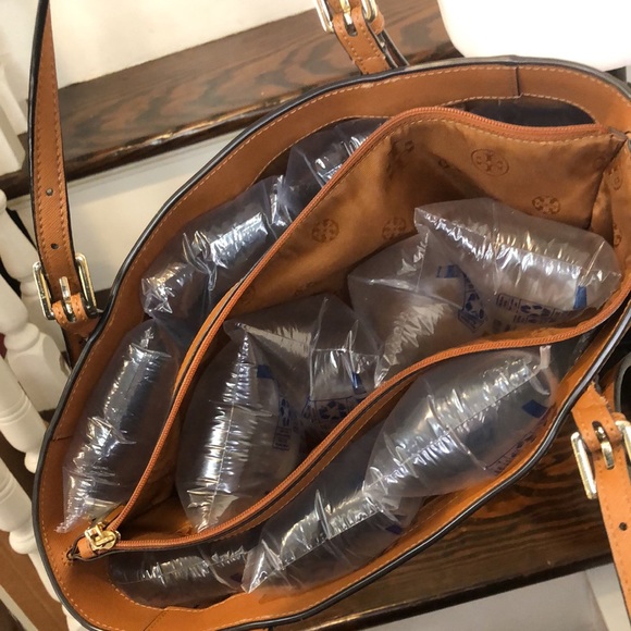 TORY BURCH Saffiano Leather Shoulder Bag Brown Leather Tote Bag Medallion Lining - Picture 11 of 17